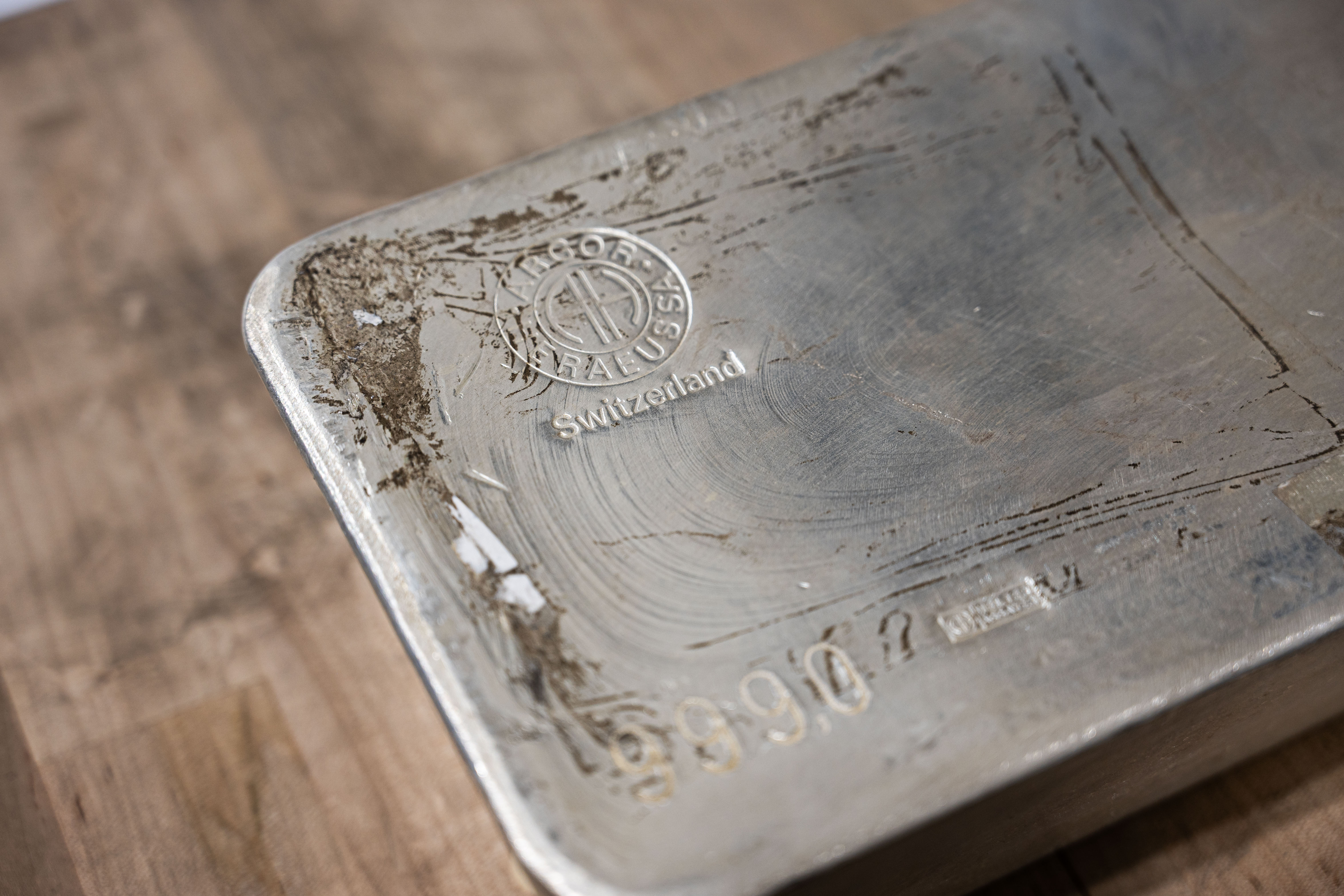 Tight shot of Argor Heraeus 1000-oz silver bar